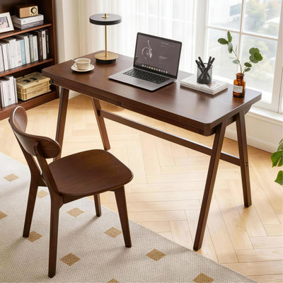 100% Solid Rubber Wood Computer Desk, Retro Writing Desk with Drawer, Sturdy A-Frame Leg, 39.37"×21.62", 1.38" Extra Thick Home Office Study Table