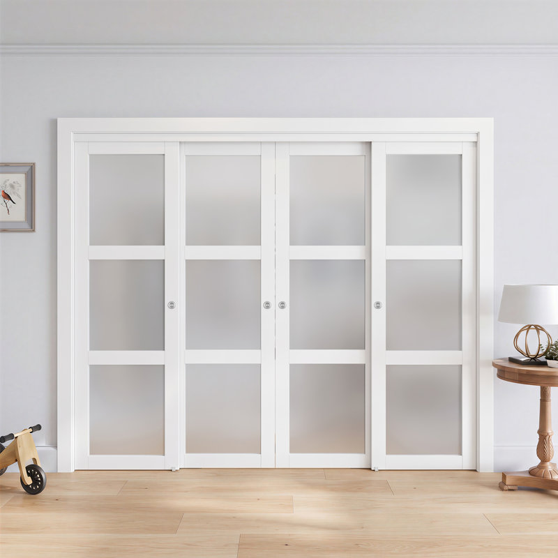 Portes coulissantes doubles en verre givré avec ensemble de quincaillerie d'installation, 112 po x 80 po, Crème