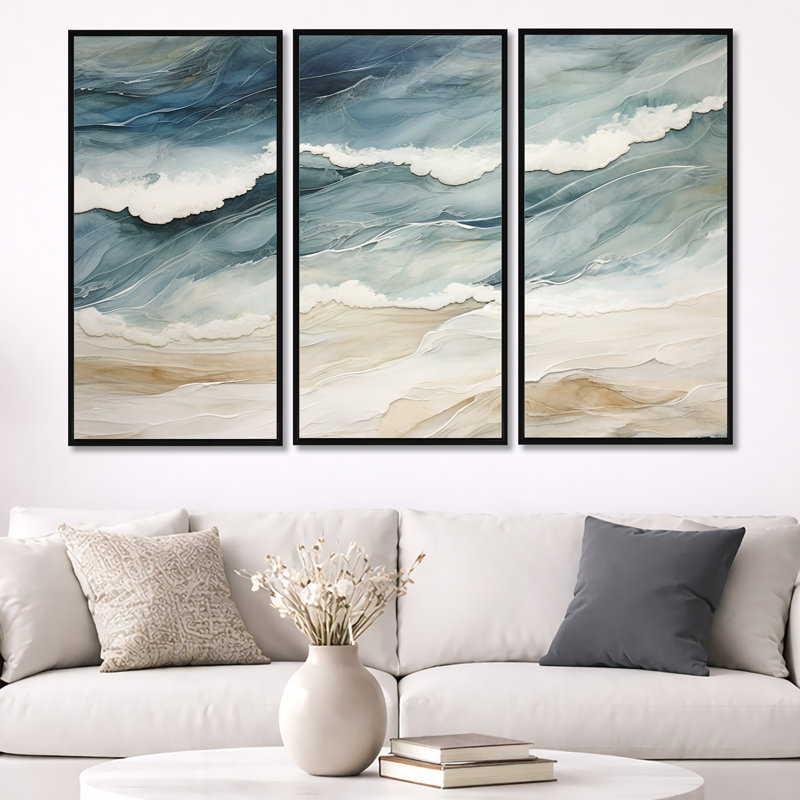 Bleu moderne et beige sable, vue aérienne III - ensemble de reproduction d'art sur la plage côtière, Cadre flottant noir