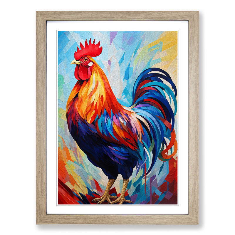 Rooster Abstract No.3 - Single Picture Frame Print on Wood, Oak, 64cm H x 46cm W x 2cm D