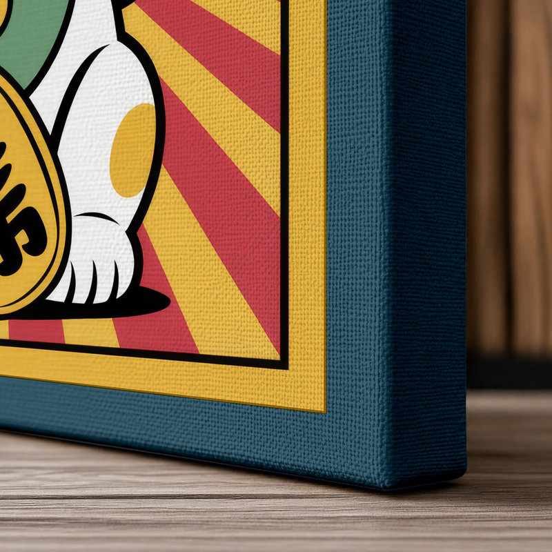 Beckoning Cat Gold Japandi 1 Piece Wrapped Canvas Wall Art, 24x16 - 61.0 x 40.6 cm, Teal Border