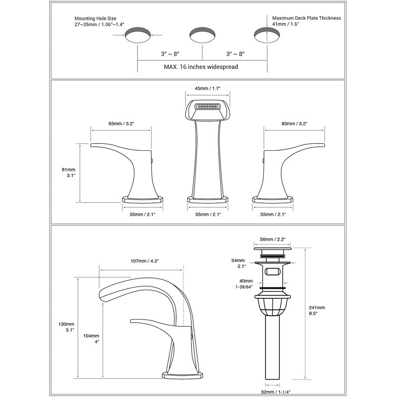 Widespread 2-handle Bathroom Faucet with Drain Assembly, Brushed Gold