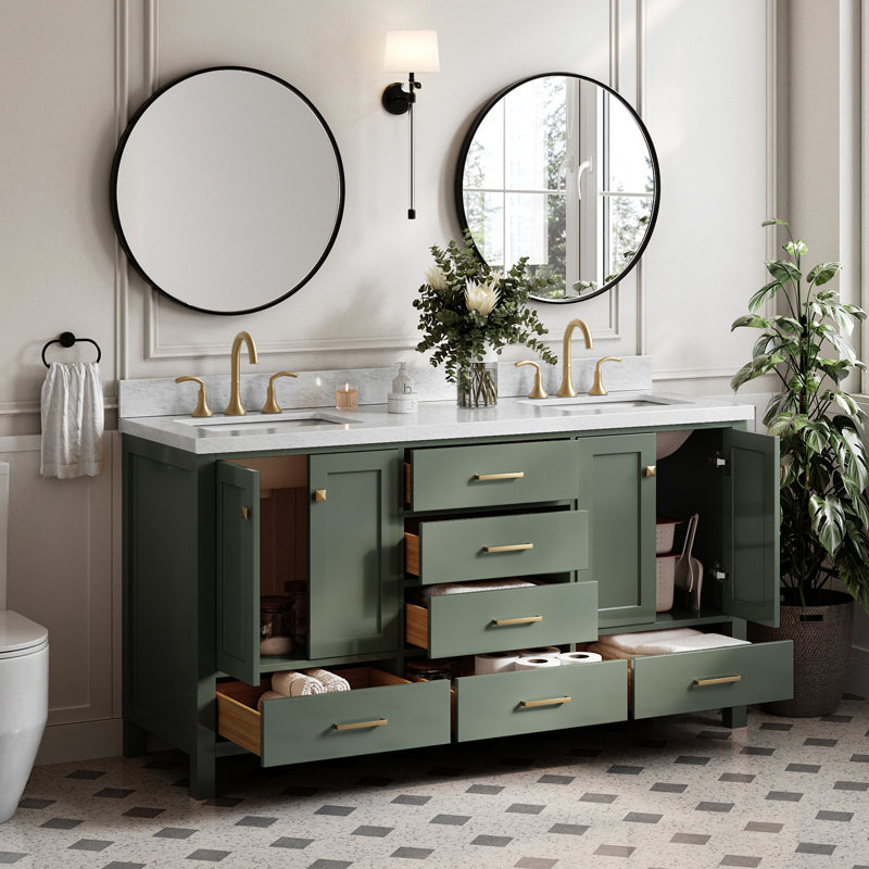 Oberle 67'' Double Bathroom Vanity with Carrara Marble Top, Vintage Green