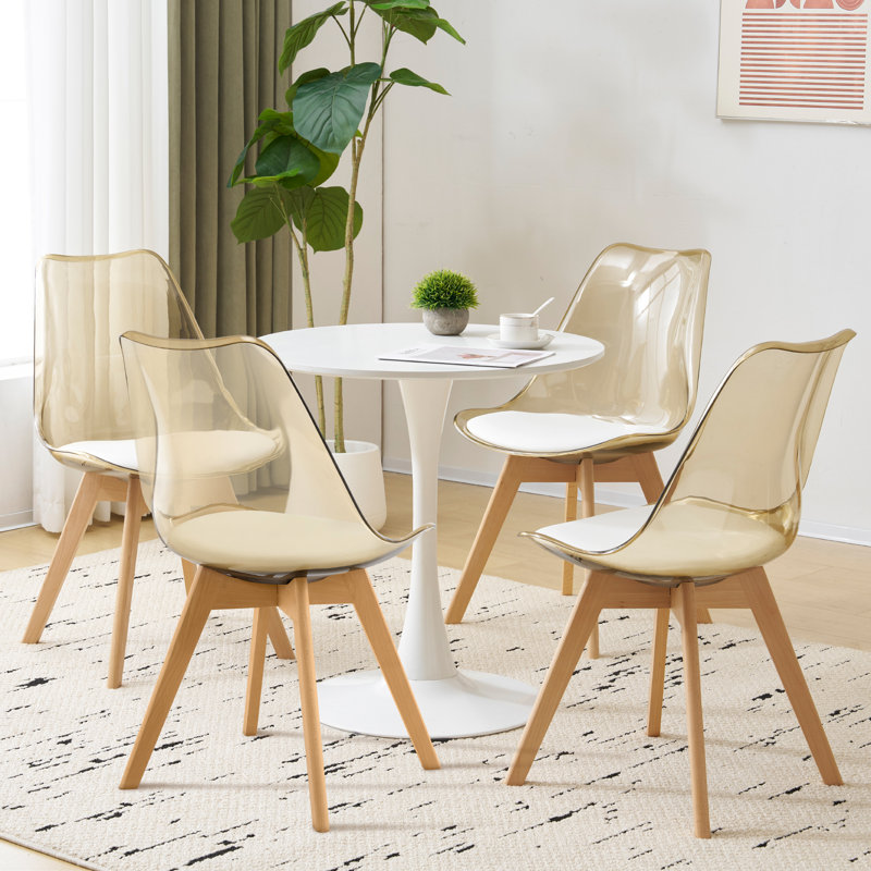 Amber Clear Brown Plastic and Wood Side Chair Set
