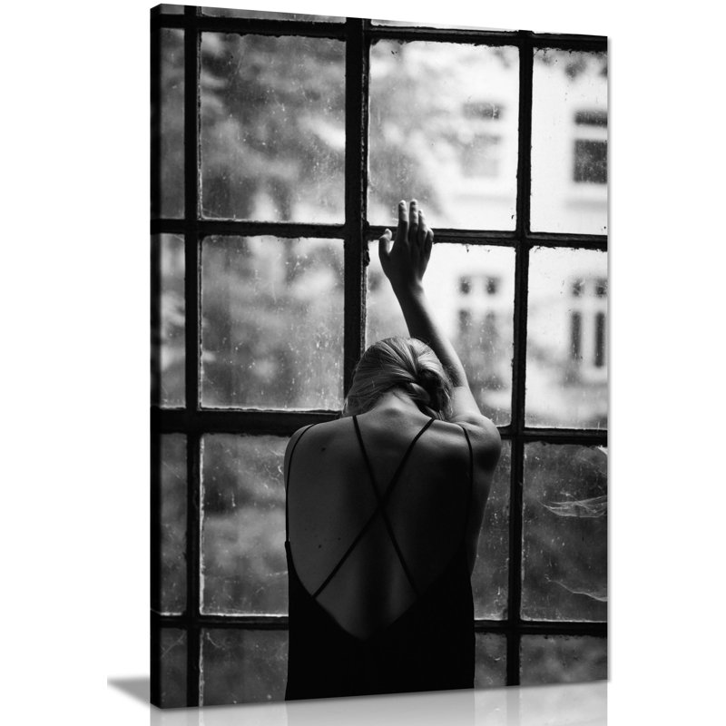 Panther Print Fine Art Prints Black & White Woman At The Window Artistic Framed Canvas Prints, Pictures For Home Walls, Bedroom, Living Room & Bathroom Decor - Wrapped Canvas Art Prints