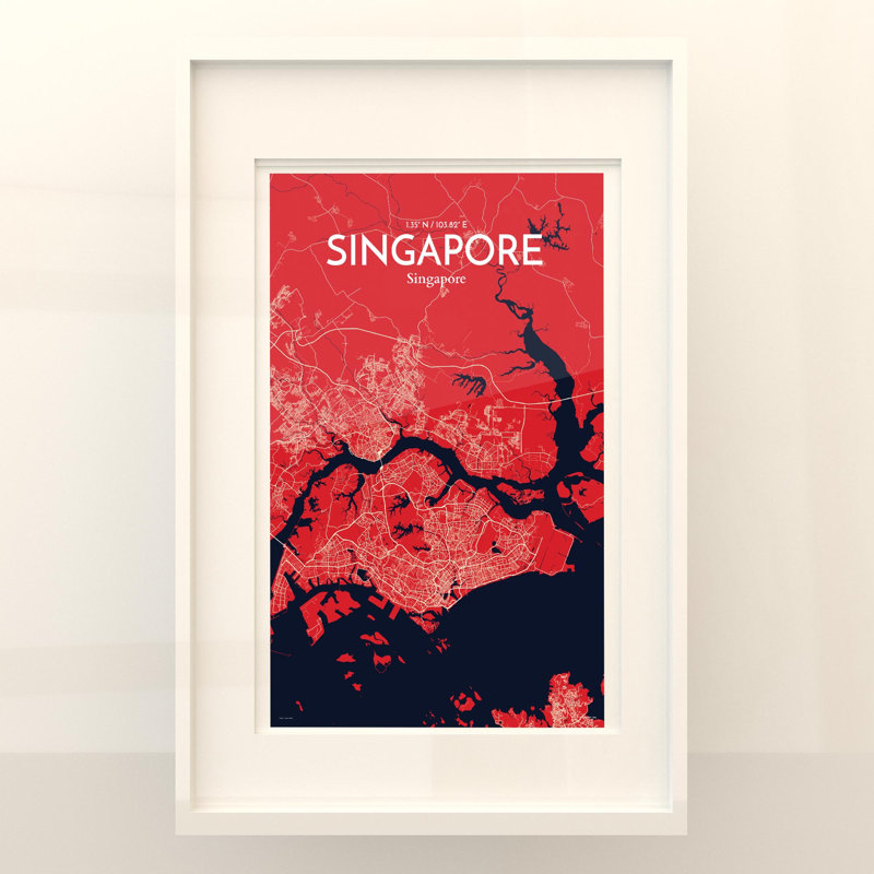 Carte de la ville de Singapour, impression, H 17 po x l 11 po, Rouge / Bleu marine