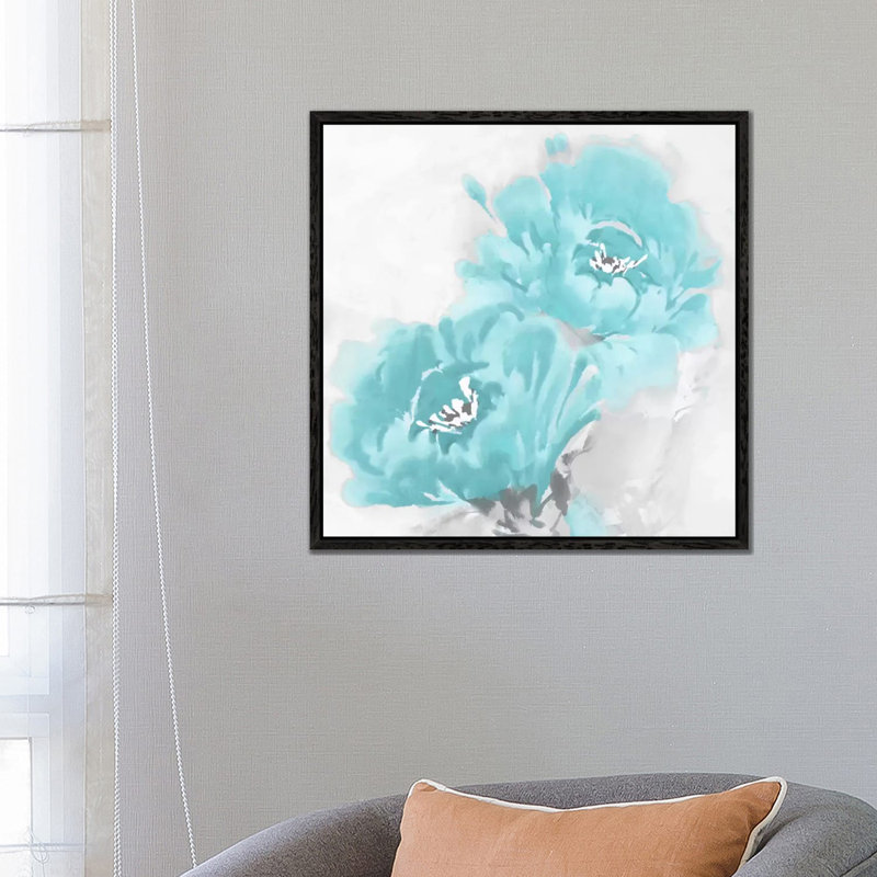 Flower Bloom In Aqua I by Jesse Stevens - Print on Canvas, 66.04 cm H x 66.04 cm W, Black Floater Framed