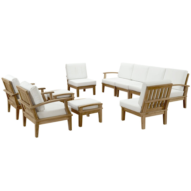 Ensemble de conversation modulaire en teck avec coussins 10 pièces Marina, Blanc