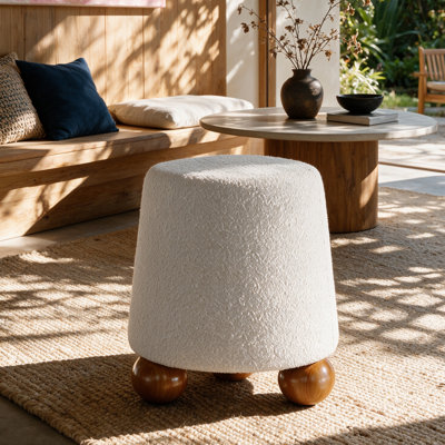 Round Teddy Fleece footstool Ottoman, upholstered stool with wooden ball legs