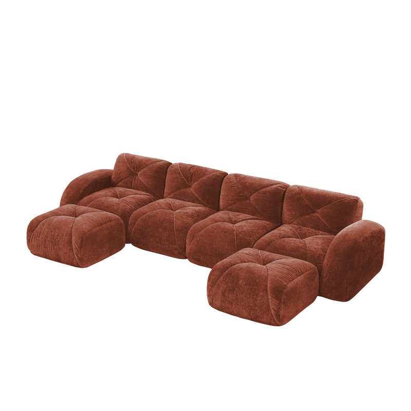 Reigle U-Shaped Velvet Upholstered Sectional Sofa with 2 Movable Ottomans, Velvet - Red Brown, 29.9" H x 140.9" W x 67.3" D