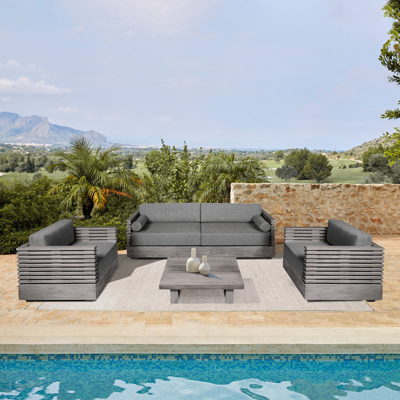 Fritz 83'' Wide Straight Wood Patio Sofa with Cushions, Grey Performance