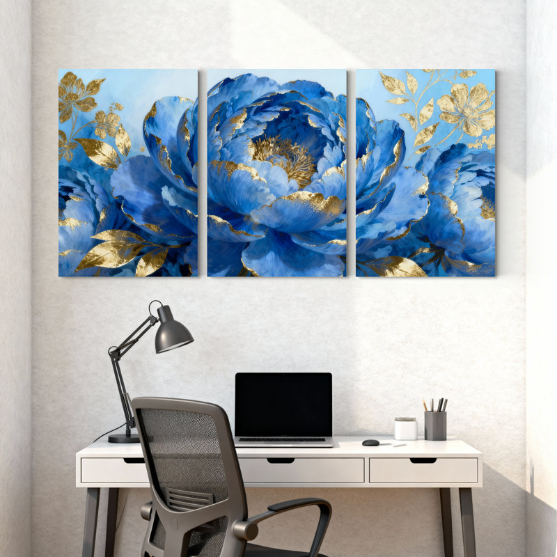 Pivoine, pivoine bleue et accents dorés, ensemble de 3 impressions sur toile, H 24 po x l 48 po