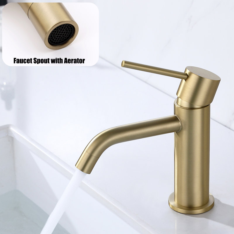 CALBASE Bathroom Sink Faucet Brushed Gold Single Handle Single Hole Stainless Steel Hot and Cold Water Valve With Pop Up Drain And Supply Lines