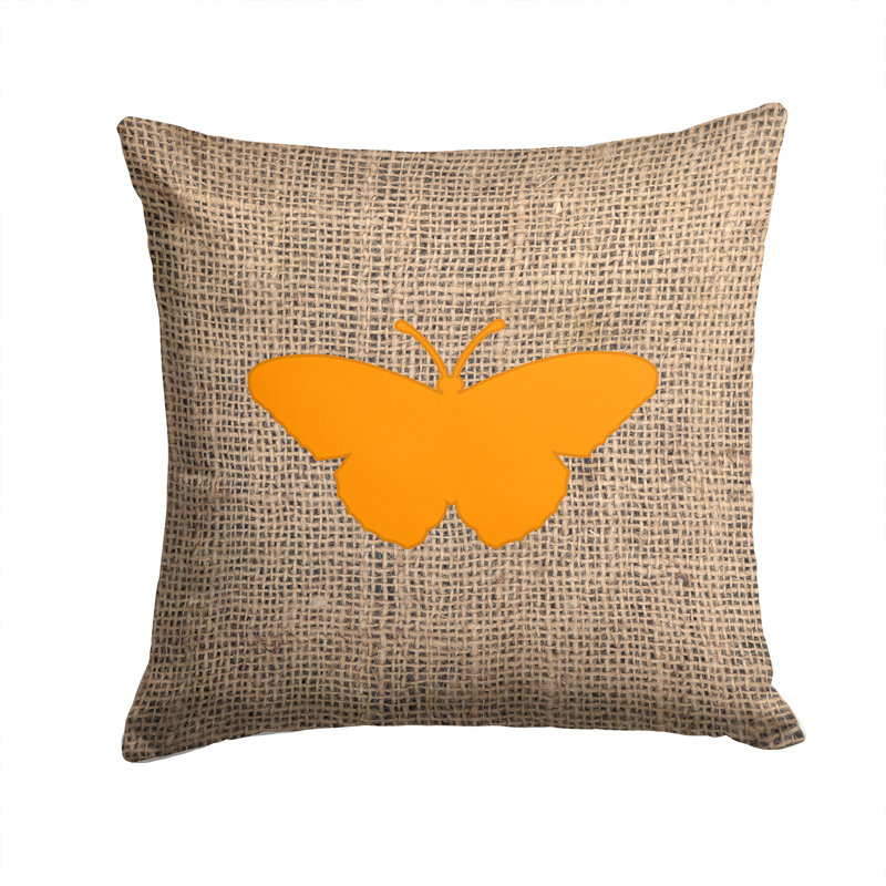 Coussin décoratif intérieur/extérieur en toile jute papillon, Orange, H 14 po x l 14 po x P 4 po