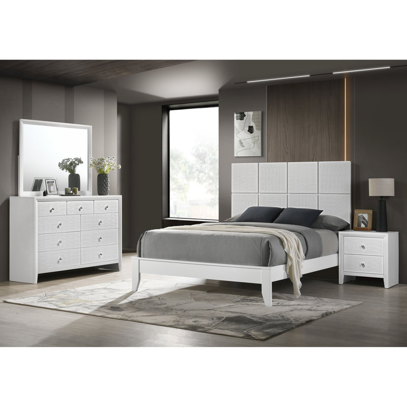 Full Size Contemporary Bed Featuring Crisp White Tint, Textured Front And Geometric Panelled Head With Tone, Panelling Surface