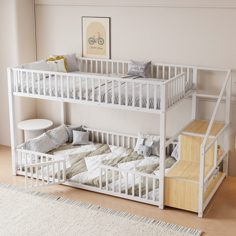 Metal Bunk Bed With Storage Staircase, White