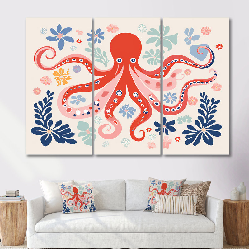 Riordan - Octopus/Squid Animal Wall Art Print Set, Wrapped Canvas, 32" H x 48" W x 1" D
