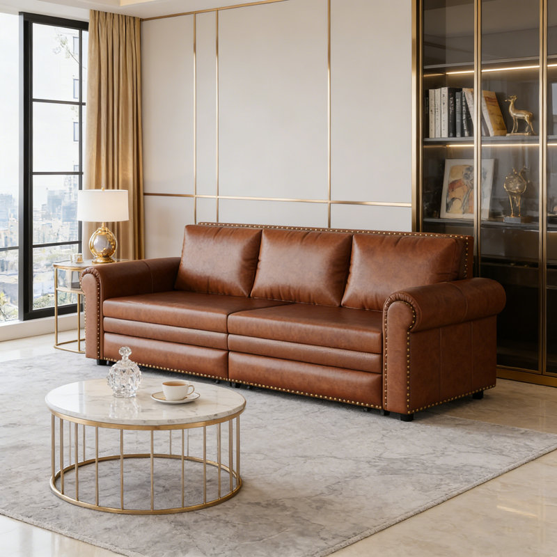 Chesterfield King Pull Out Sofa Bed, 3-In-1 Faux Leather Convertible Sleeper With Nailhead Trim & Rolled Arm, Multi-Functional And Stylish