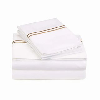 400TC Double Embroidery Sateen Solid Cotton 4 Piece Sheet Set Fitted Sheet Fits Upto 16" Deep Pocket, Full XL Sheet Set