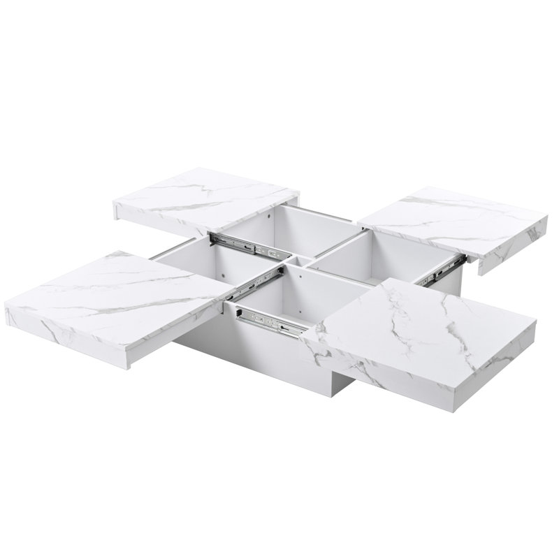 Table basse carrée en placage de marbre avec plateau coulissant et rangement blanc 39,4 po
