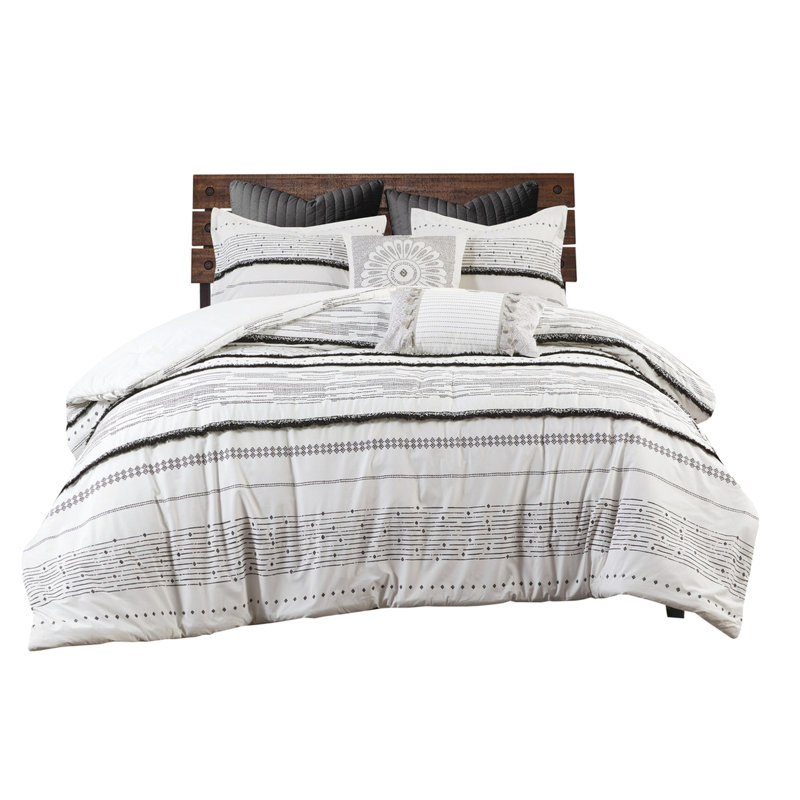 Housse de couette en coton pour lit double / grand lit - Imprimé chic avec pampilles et garnitures à rayures