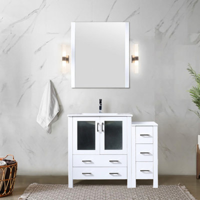 42 In. White Vanity With Side Cabinet, Ceramic Top, Faucet, 28 Mirror - Scratch- And Long-Lasting Bath In White, To