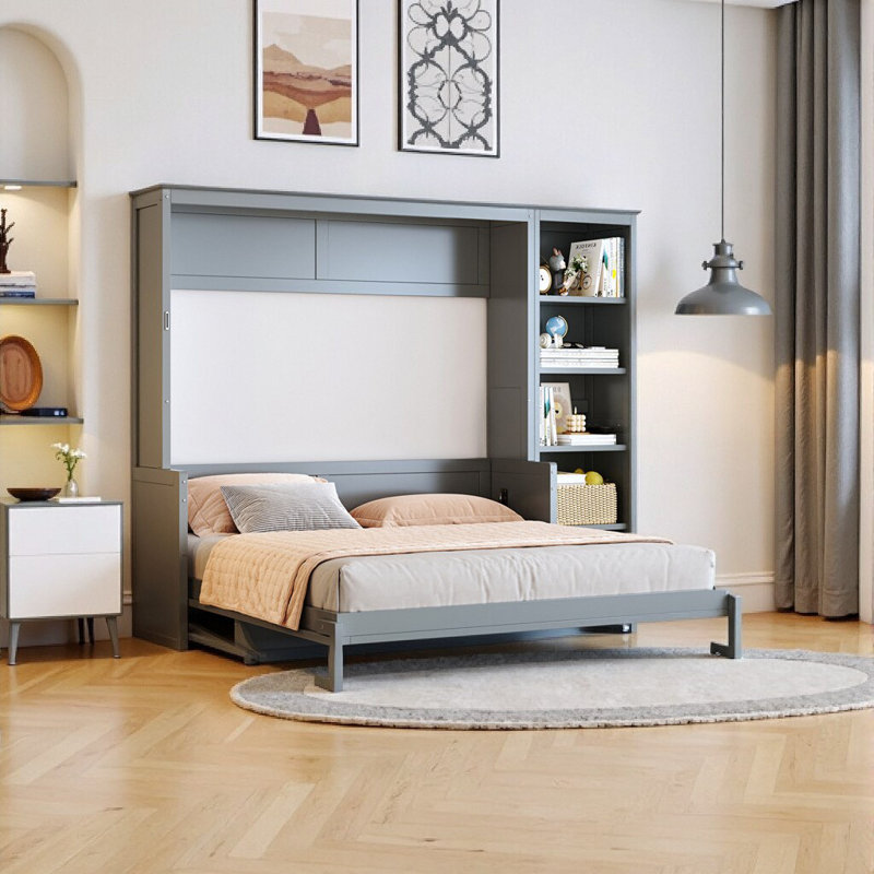 Grand lit escamotable avec bureau - Lit mural peu encombrant avec tablettes intégrées et capacité de 600 lb?, Gris