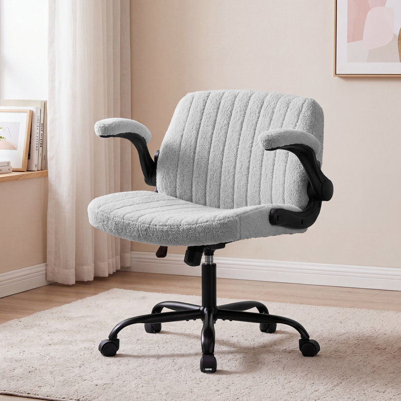 Ribbed Fabric Swivel Home Office Chair with Armrests, Adjustable Height Vanity Chair with Wheels, Gray