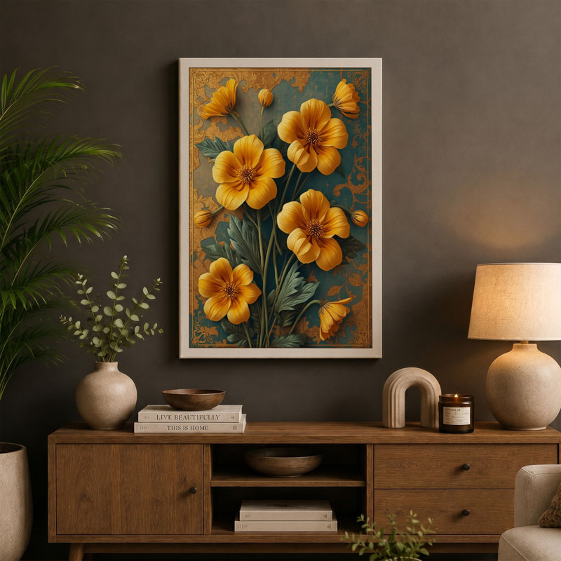 Golden Nasturtium Botanical - Wrapped Canvas, 36x24 - 91.4 x 61.0 cm, Taupe Border