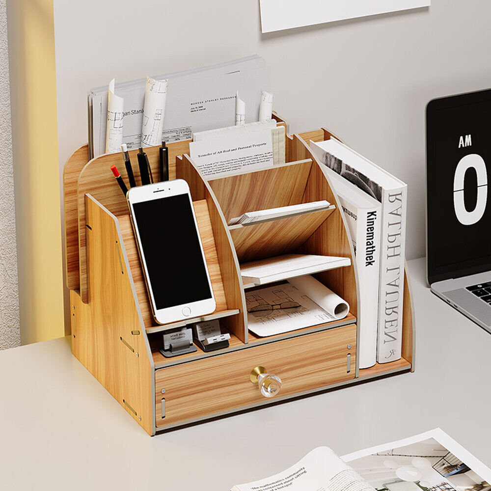 Wooden Desk Table Office File Case Paper Organizer Pen Holder Tidy Case Rack