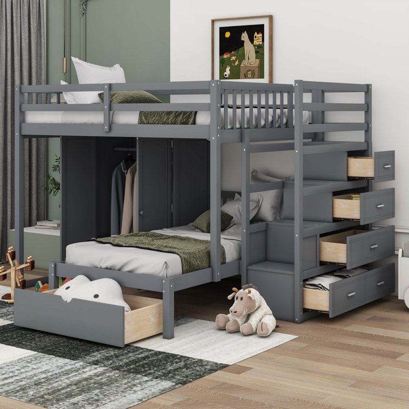 Lit superposé double au-dessus de simple avec garde-robe et tiroirs Jeroline, gris