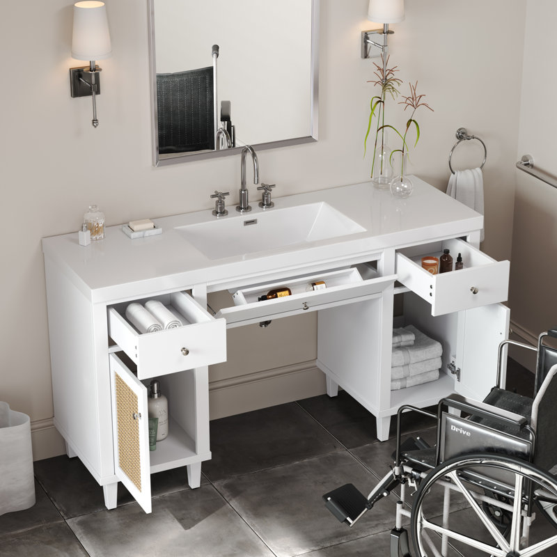 Meuble-lavabo spacieux et moderne avec pieds en bois massif, armoire de 60 pouces conforme Ada et lavabo en Smc
