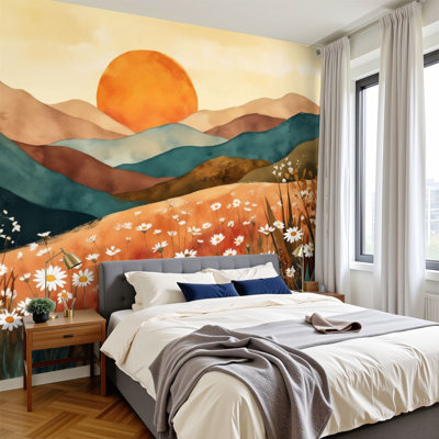 Boho Peel and Stick Wallpaper Serene Mountain Landscape Vibrant Sunset Flowering Meadow Wall Murals 100"H x 144"W Removable PVC Wall Paper Self-Adhesive Wall Paintings Art Decor for Bedroom Living Room
