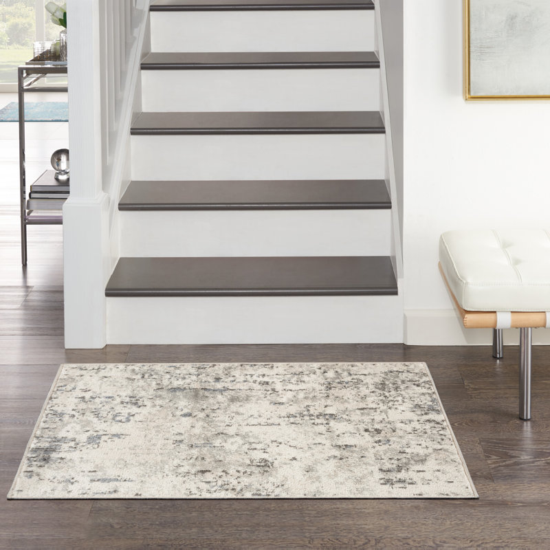 Tapis beige / gris en polyester / polypropylène tissé à la machine Addie, Ivoire / Bleu / Gris, Rectangle 6 pi x 9 pi