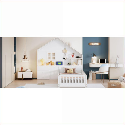 Twin Size Platform House Bed with Window, Storage Drawers, Shelves &amp; USB/Sockets - White/Grey Bedroom Bed