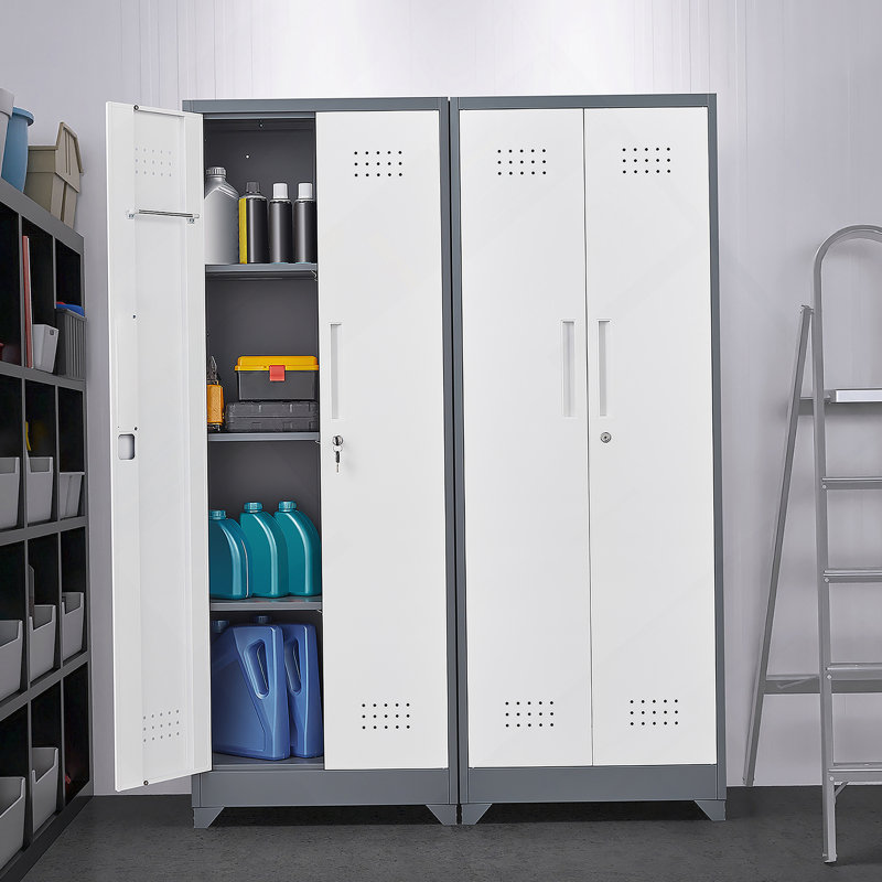 Broom Storage Cabinet With Locking Doors And Shelves, Metal Storage Cabinet With Hanging Rod And S-Hooks, Gray/White