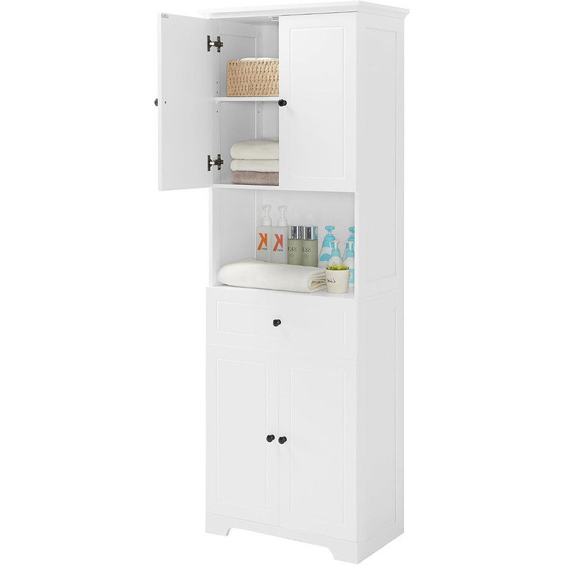 Rectangular Storage Cabinet with Doors, Open Bookcase, Freestanding Organizer Display for Kitchen, Office, Adjustable Shelves, White