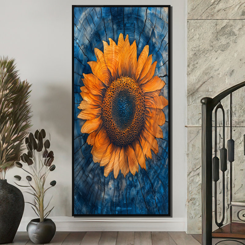 Tournesols dorés sur une glissade sur bois - Tournesols encadrés, H 60 po x l 28 po, Impression encadrée flottante, Noir