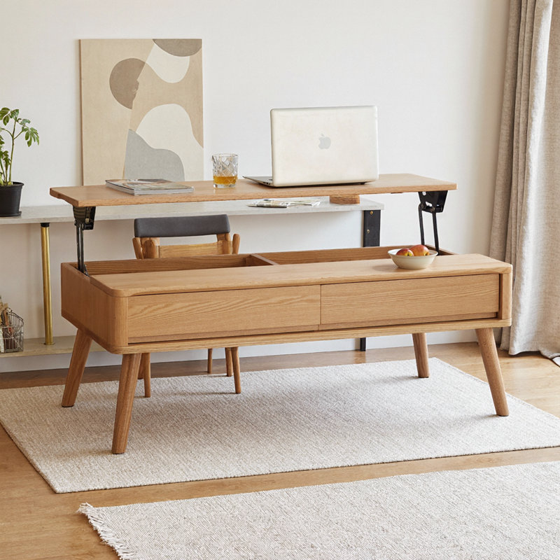 Table basse à plateau relevable en bois de chêne massif naturel avec tablette de rangement, table centrale à hauteur réglable pour le salon, le bureau à domicile et la salle à manger, conception moderne triangulaire, assemblage rapide