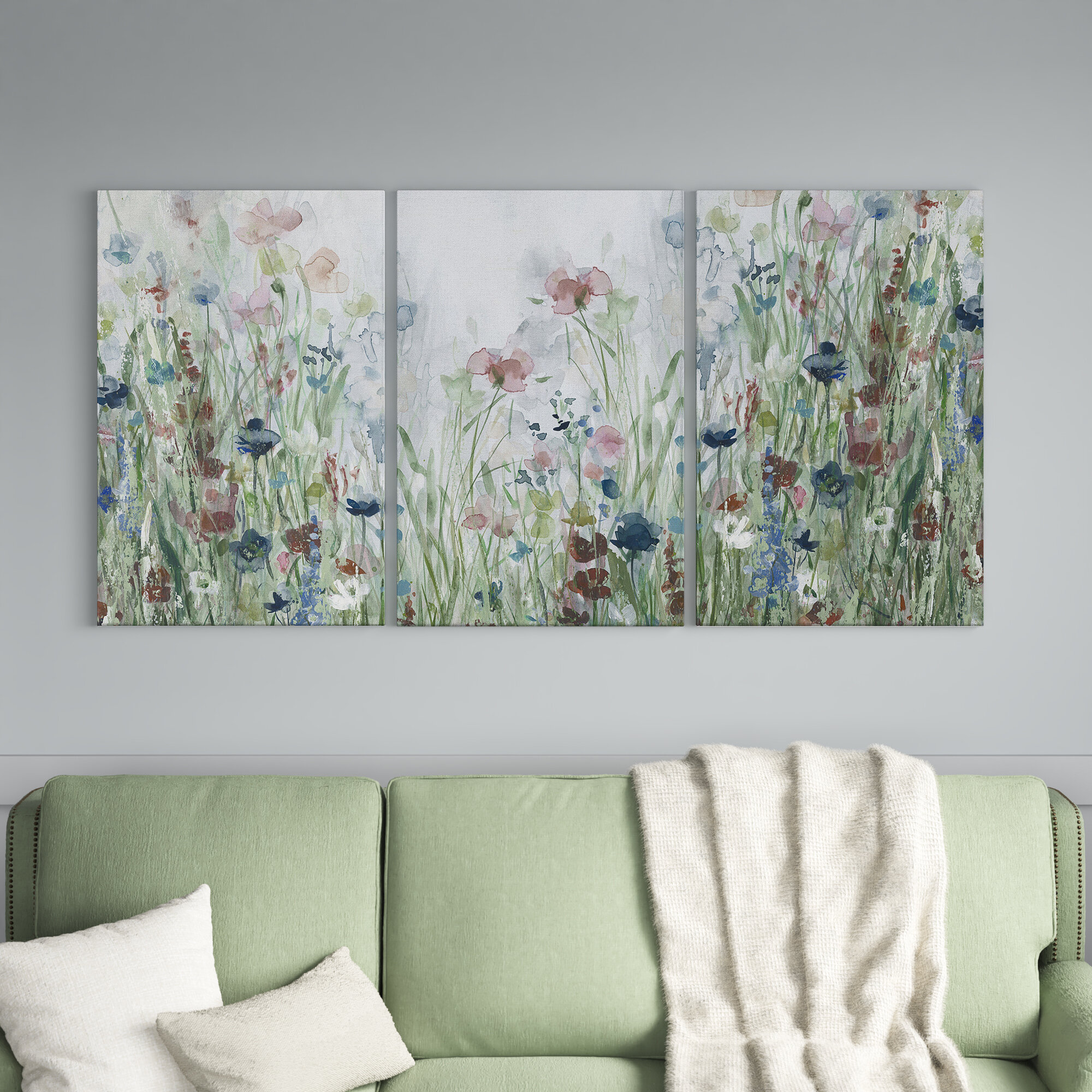 Wildflower Fields - 3 Piece Picture Frame Multi-Piece Image On Canvas Lark Manor Overall Size: 36 H x 72 W x 1 D