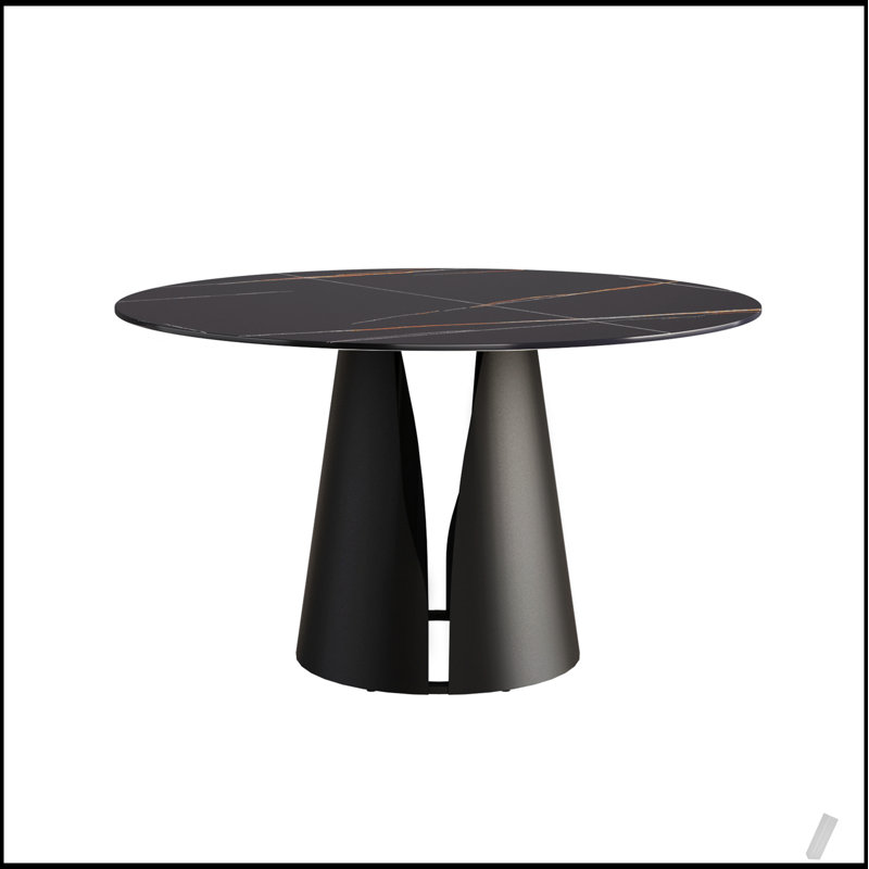 Table de salle à manger moderne en pierre artificielle ronde avec base en acier au carbone noir, peut accueillir jusqu'à six personnes