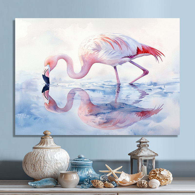 Flamingo Reflections - art mural flamant, H 30 po x l 40 po, Toile tendue, Ne s’applique pas