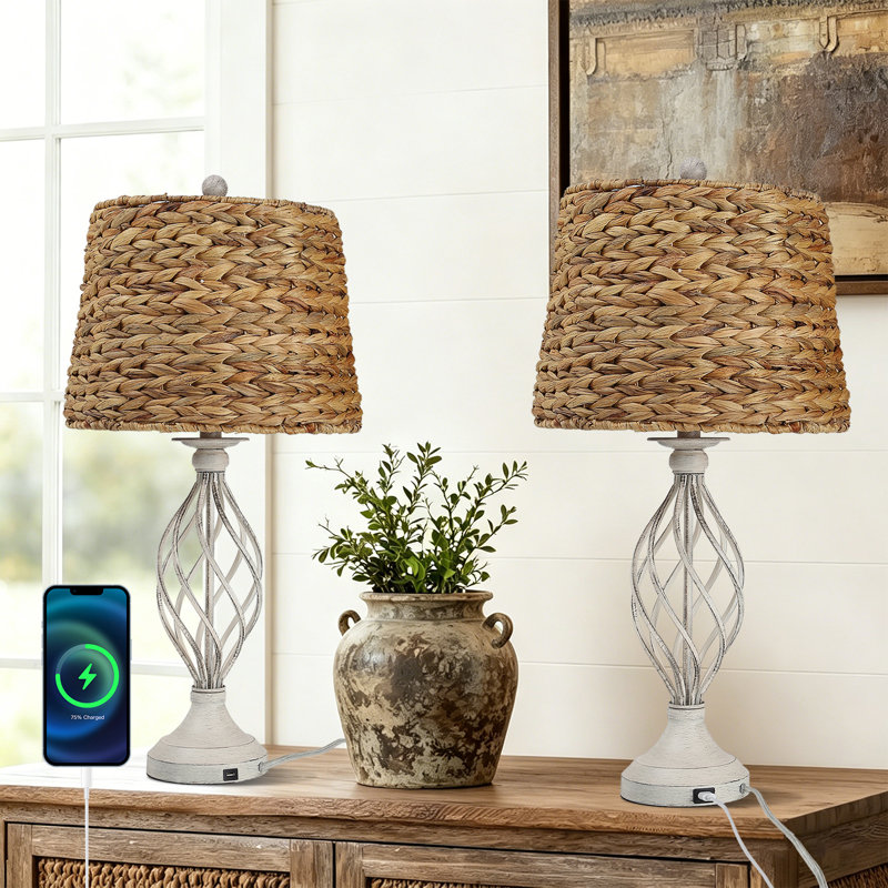 27.55"H Boho Antique White Metal Table Lamp With 3-Way Dimming Handwoven Shade And Usb For Bedroom Living Room