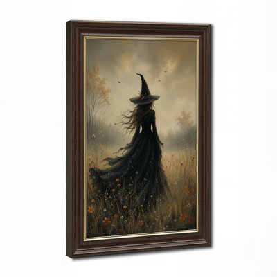 Art sur toile, sorcière au chapeau noir debout dans un champ brumeux d'Halloween