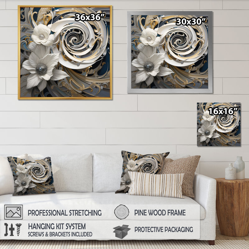 «White Blossoming Spring Fractal Flowers», reproduction sur toile, H 24 po x l 24 po, Cadre flottant noir