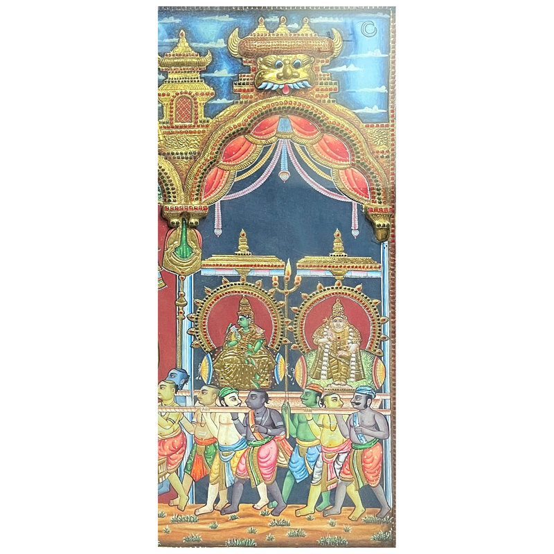 Peinture murale Panja Moorthy Tanjore de 6 pi faite à la main - art mural encadré en or 24 carats et bois de teck