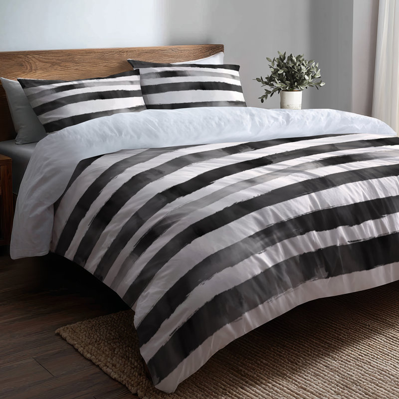 Ensemble d'édredon rayé 6 pièces - Lignes de fumée modernes noires et blanches avec taies décoratives et coussins décoratifs