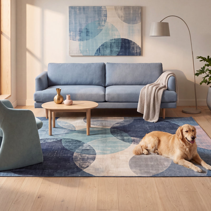 Tapis Canyon Modern Circles à motifs géométriques bleu marine, turquoise, gris, crème et rose, lavable à la machine, antidérapant, à poils courts, pour l'intérieur et l'extérieur, adapté aux animaux domestiques, idéal pour le salon, la chambre, la salle à manger, l'entrée, le couloir ou le bureau.