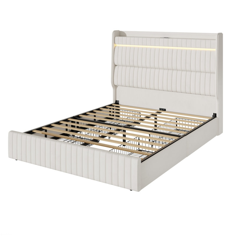 Cadre de lit élégant et stable avec tête de lit bandée beige, Grand