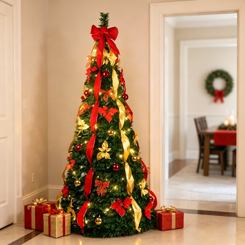 Sapin de Noël artificiel illuminé et pliable de 2,3 m (7,5 pi), avec 150 lumières chaudes, idéal pour les fêtes et les décorations de Noël.